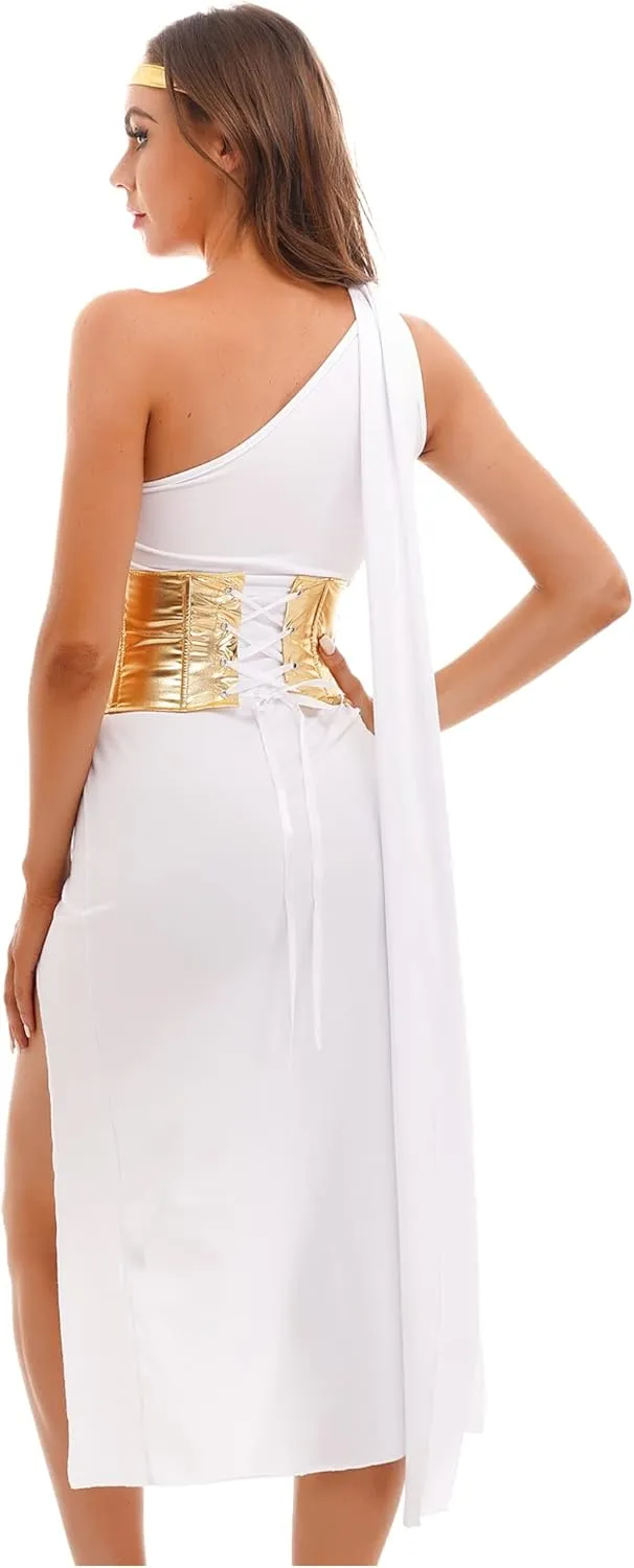 Women Sexy Greek Roma Costume Hollow Out Dress One Single Shoulder Off Robe High Low Outfits