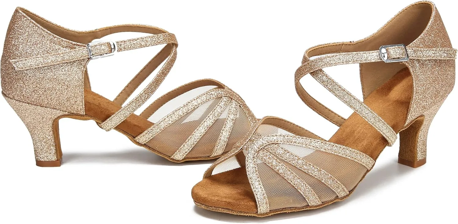 Women's Ballroom Dance Shoes Latin Salsa Dancing Shoes Cross Strap 2.5inch Heel 3inch Heel ZB04