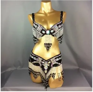 Women's Belly Dance Costume Set: 2pc Bar Belt, 11 Colors, Beaded, Bellydancing Outfit