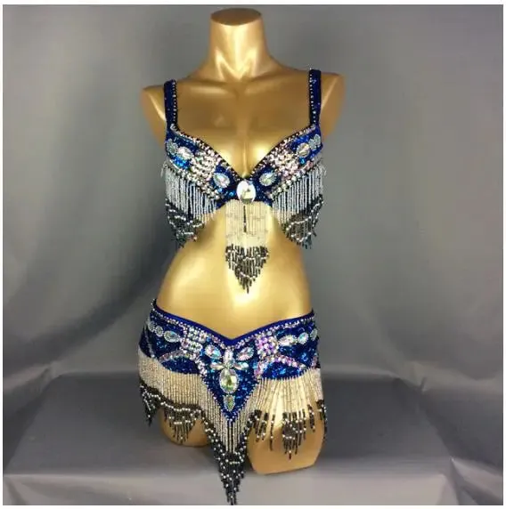 Women's Belly Dance Costume Set: 2pc Bar Belt, 11 Colors, Beaded, Bellydancing Outfit
