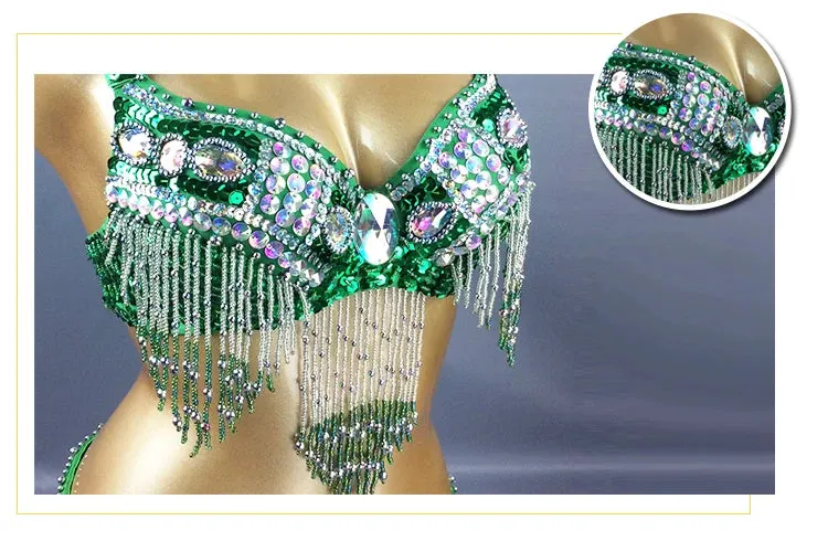 Women's Belly Dance Costume Set: 2pc Bar Belt, 11 Colors, Beaded, Bellydancing Outfit