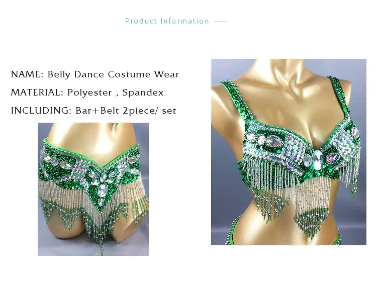 Women's Belly Dance Costume Set: 2pc Bar Belt, 11 Colors, Beaded, Bellydancing Outfit