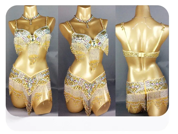 Women's Belly Dance Costume Set: 2pc Bar Belt, 11 Colors, Beaded, Bellydancing Outfit