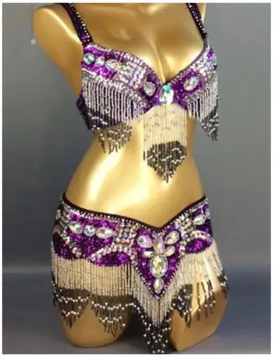 Women's Belly Dance Costume Set: 2pc Bar Belt, 11 Colors, Beaded, Bellydancing Outfit
