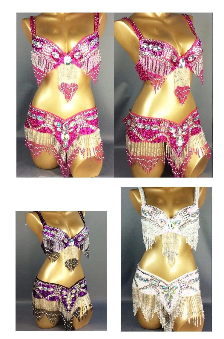 Women's Belly Dance Costume Set: 2pc Bar Belt, 11 Colors, Beaded, Bellydancing Outfit