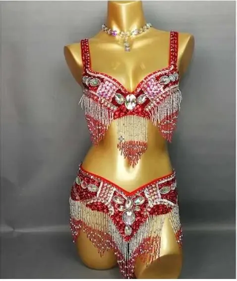 Women's Belly Dance Costume Set: 2pc Bar Belt, 11 Colors, Beaded, Bellydancing Outfit