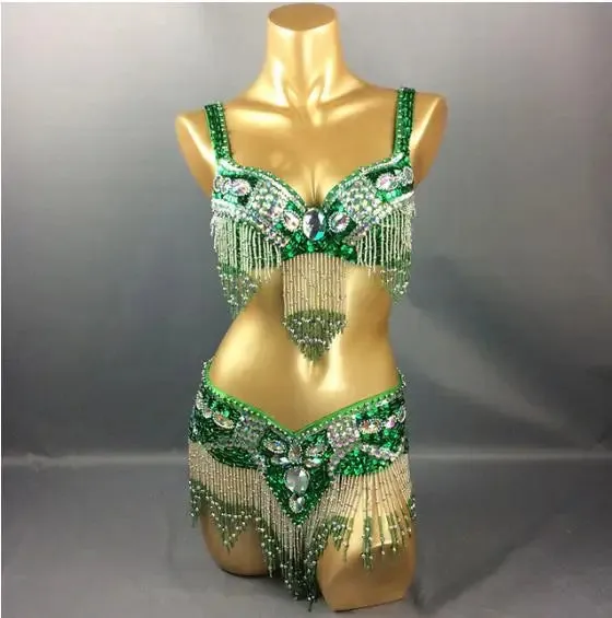 Women's Belly Dance Costume Set: 2pc Bar Belt, 11 Colors, Beaded, Bellydancing Outfit