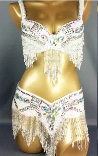 Women's Belly Dance Costume Set: 2pc Bar Belt, 11 Colors, Beaded, Bellydancing Outfit