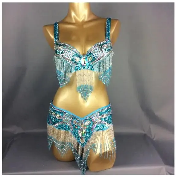 Women's Belly Dance Costume Set: 2pc Bar Belt, 11 Colors, Beaded, Bellydancing Outfit