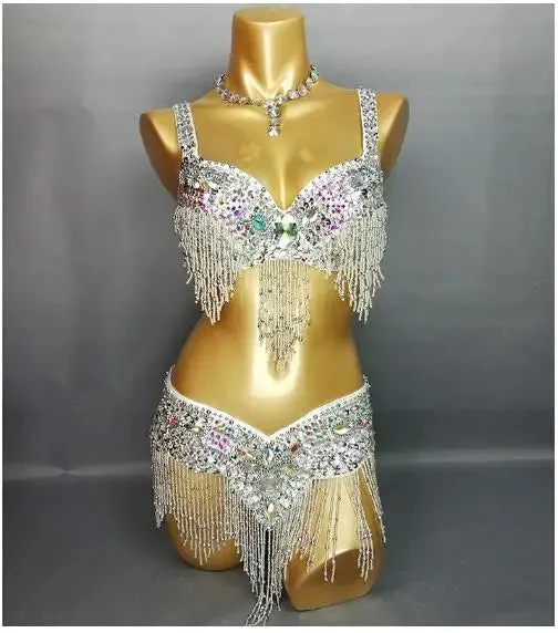 Women's Belly Dance Costume Set: 2pc Bar Belt, 11 Colors, Beaded, Bellydancing Outfit