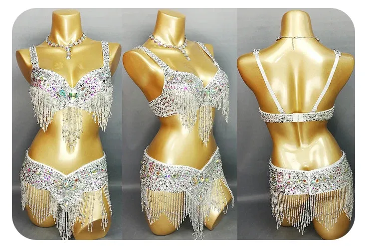 Women's Belly Dance Costume Set: 2pc Bar Belt, 11 Colors, Beaded, Bellydancing Outfit