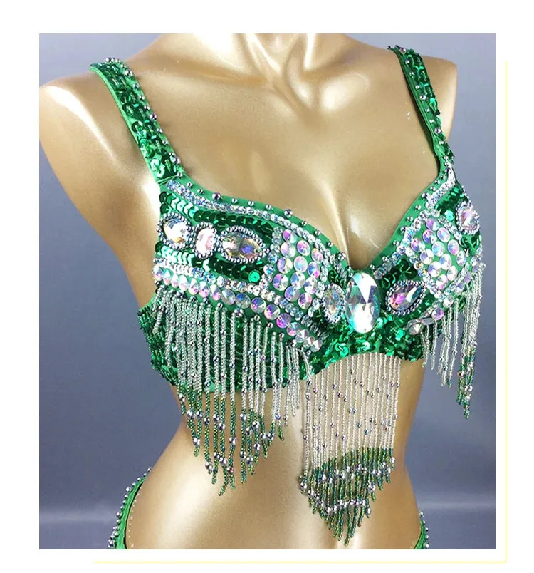 Women's Belly Dance Costume Set: 2pc Bar Belt, 11 Colors, Beaded, Bellydancing Outfit