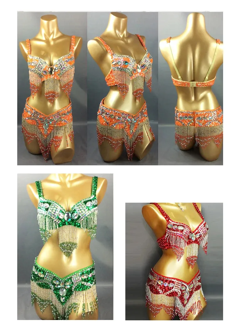 Women's Belly Dance Costume Set: 2pc Bar Belt, 11 Colors, Beaded, Bellydancing Outfit