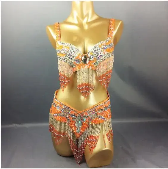 Women's Belly Dance Costume Set: 2pc Bar Belt, 11 Colors, Beaded, Bellydancing Outfit