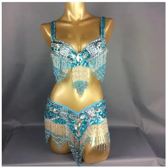 Women's Belly Dance Costume Set: 2pc Bar Belt, 11 Colors, Beaded, Bellydancing Outfit
