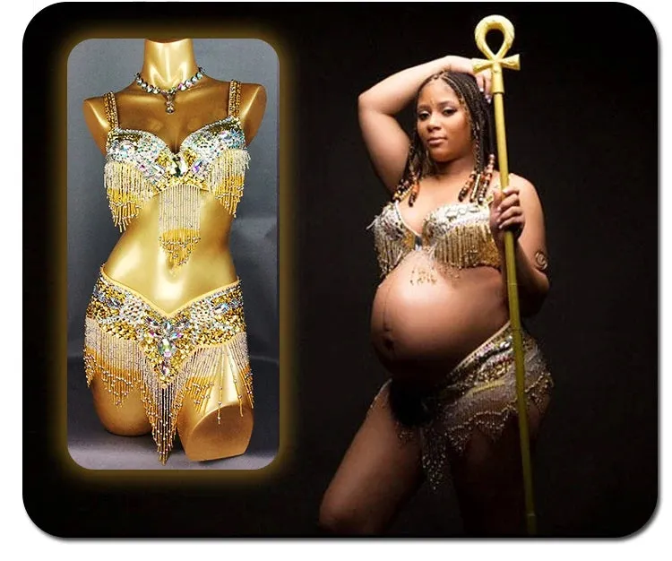 Women's Belly Dance Costume Set: 2pc Bar Belt, 11 Colors, Beaded, Bellydancing Outfit