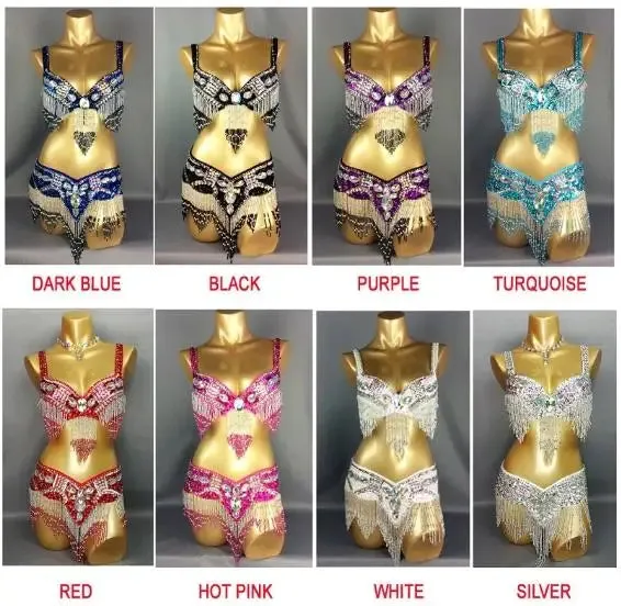 Women's Belly Dance Costume Set: 2pc Bar Belt, 11 Colors, Beaded, Bellydancing Outfit