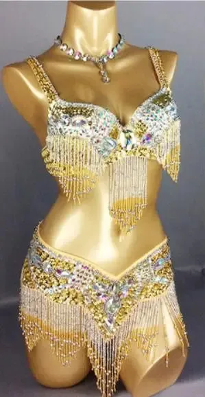 Women's Belly Dance Costume Set: 2pc Bar Belt, 11 Colors, Beaded, Bellydancing Outfit