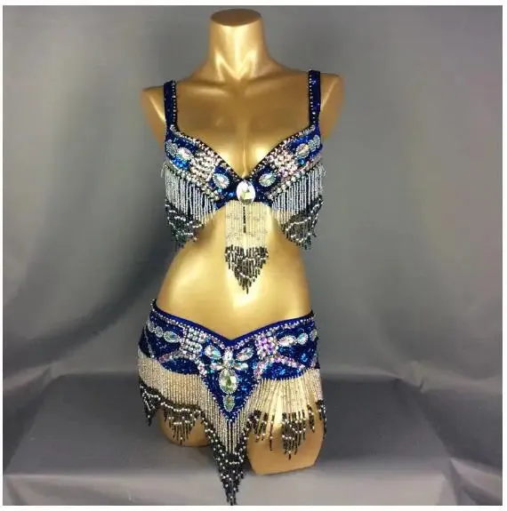 Women's Belly Dance Costume Set: 2pc Bar Belt, 11 Colors, Beaded, Bellydancing Outfit