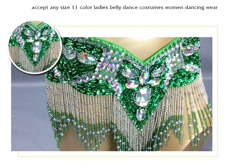 Women's Belly Dance Costume Set: 2pc Bar Belt, 11 Colors, Beaded, Bellydancing Outfit