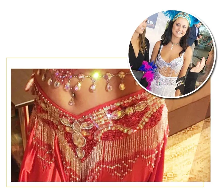 Women's Belly Dance Costume Set: 2pc Bar Belt, 11 Colors, Beaded, Bellydancing Outfit