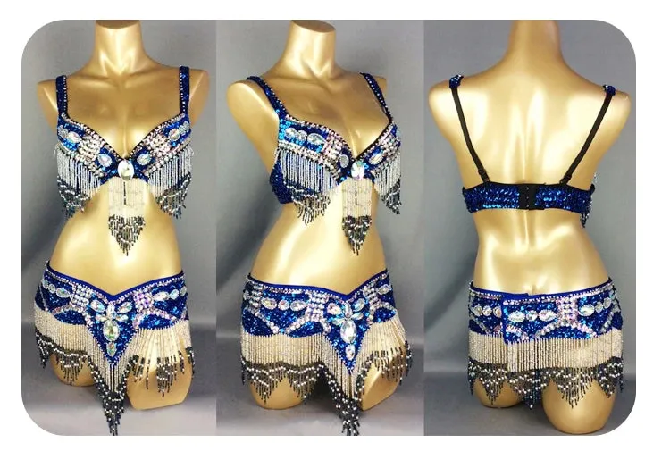 Women's Belly Dance Costume Set: 2pc Bar Belt, 11 Colors, Beaded, Bellydancing Outfit