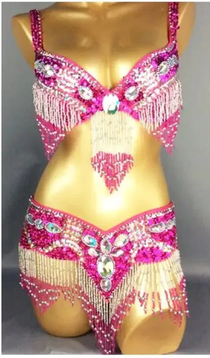 Women's Belly Dance Costume Set: 2pc Bar Belt, 11 Colors, Beaded, Bellydancing Outfit