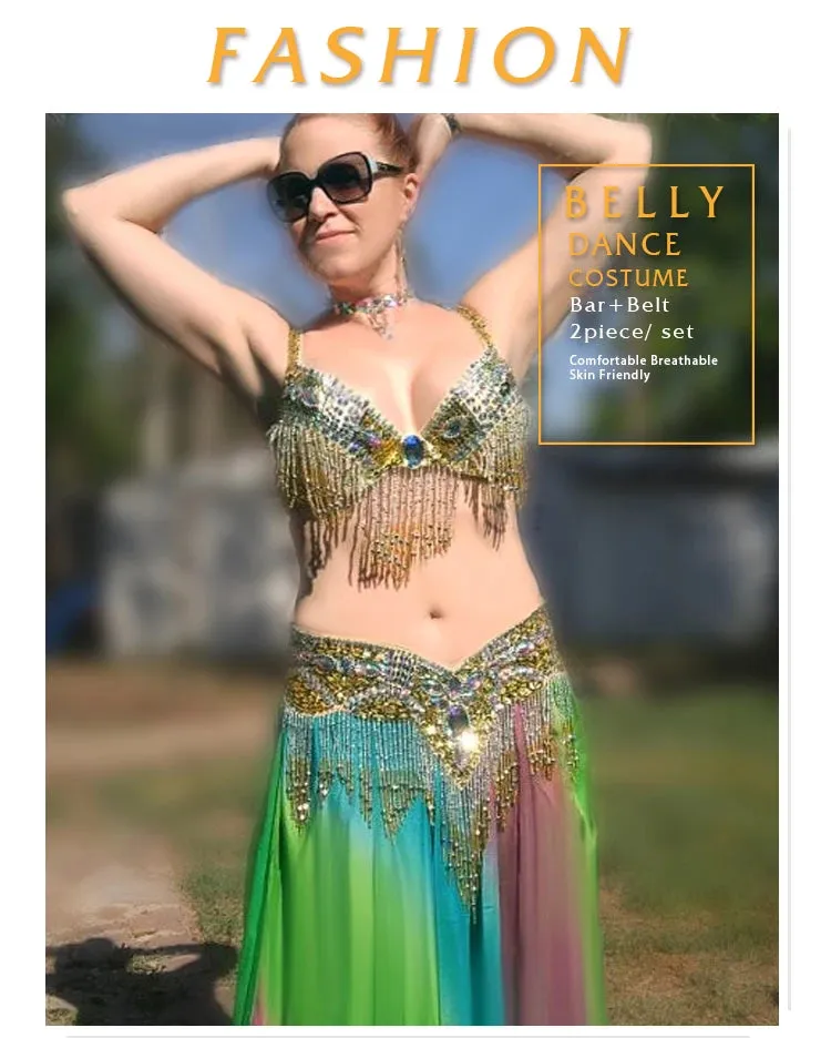 Women's Belly Dance Costume Set: 2pc Bar Belt, 11 Colors, Beaded, Bellydancing Outfit