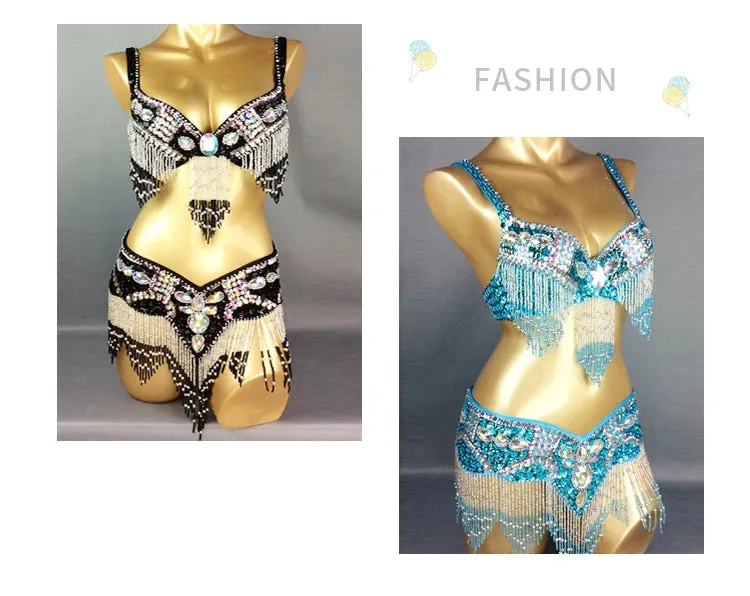 Women's Belly Dance Costume Set: 2pc Bar Belt, 11 Colors, Beaded, Bellydancing Outfit