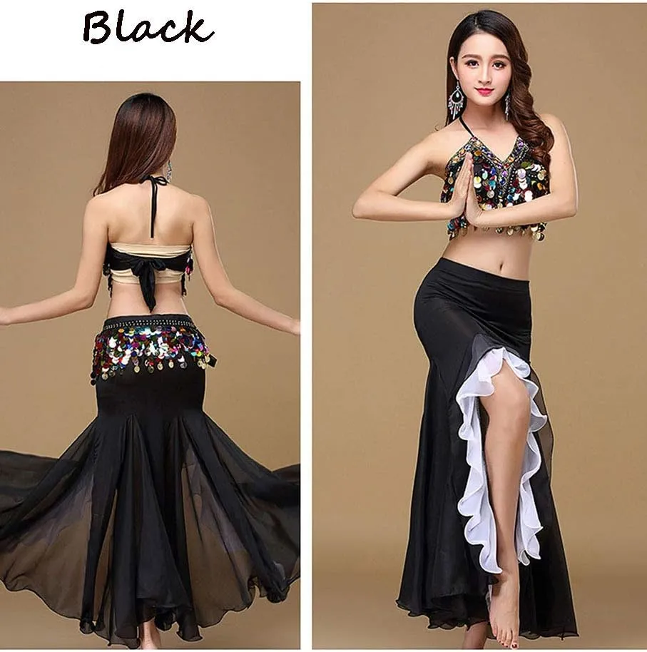 Women's Belly Dance Dress Belly Crop Top Bra Top and Belt Chiffon Dancing Split Skirt Costume 3-Piece Outfit
