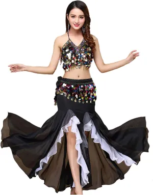 Women's Belly Dance Dress Belly Crop Top Bra Top and Belt Chiffon Dancing Split Skirt Costume 3-Piece Outfit