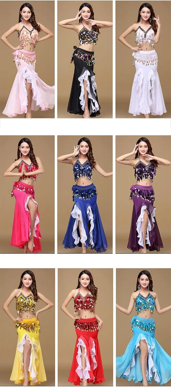 Women's Belly Dance Dress Belly Crop Top Bra Top and Belt Chiffon Dancing Split Skirt Costume 3-Piece Outfit