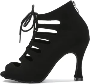 Women's Black Latin Dance Shoes - Tango Salsa Rumba Ballroom Satin Pole Dance High Heels, 10CM/3.9Inch Heel Height