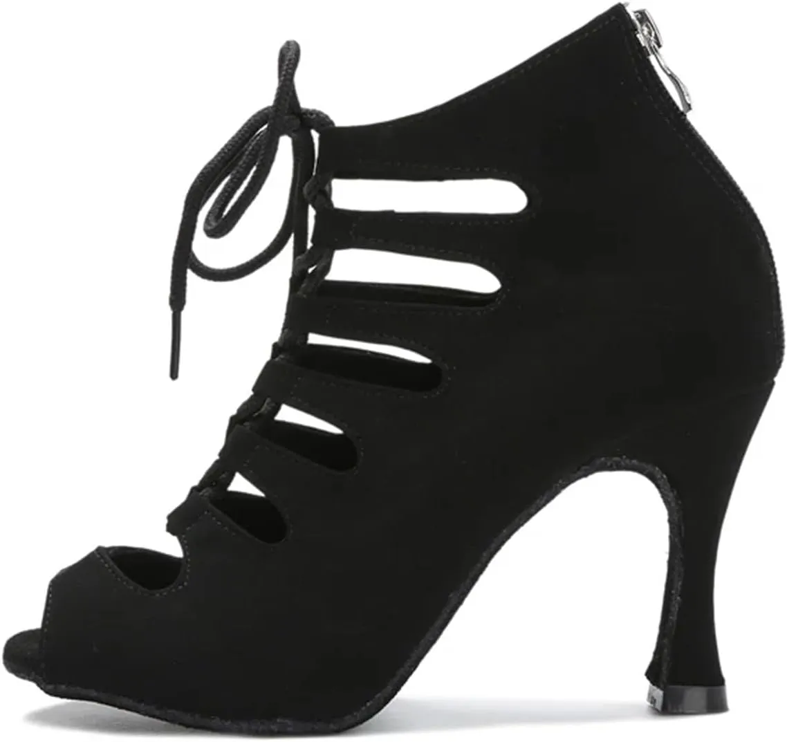 Women's Black Latin Dance Shoes - Tango Salsa Rumba Ballroom Satin Pole Dance High Heels, 10CM/3.9Inch Heel Height