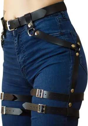 Women’s Black Leather Body Chain Harness Garter Belt Adjustable Waist Leg Cincher Cage