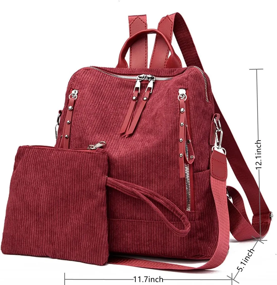 Womens Corduroy Casual Backpack Purse Convertible Travel Shoulder Bag with Wristlet Corduroy Wallet Handbag,Red