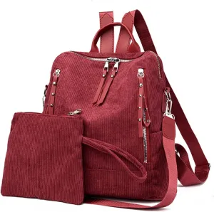Womens Corduroy Casual Backpack Purse Convertible Travel Shoulder Bag with Wristlet Corduroy Wallet Handbag,Red