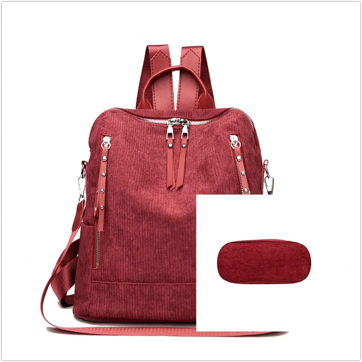 Womens Corduroy Casual Backpack Purse Convertible Travel Shoulder Bag with Wristlet Corduroy Wallet Handbag,Red