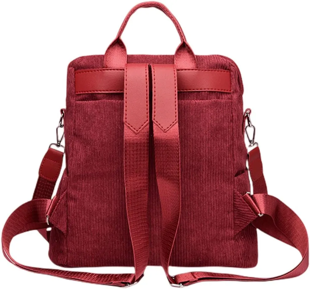 Womens Corduroy Casual Backpack Purse Convertible Travel Shoulder Bag with Wristlet Corduroy Wallet Handbag,Red