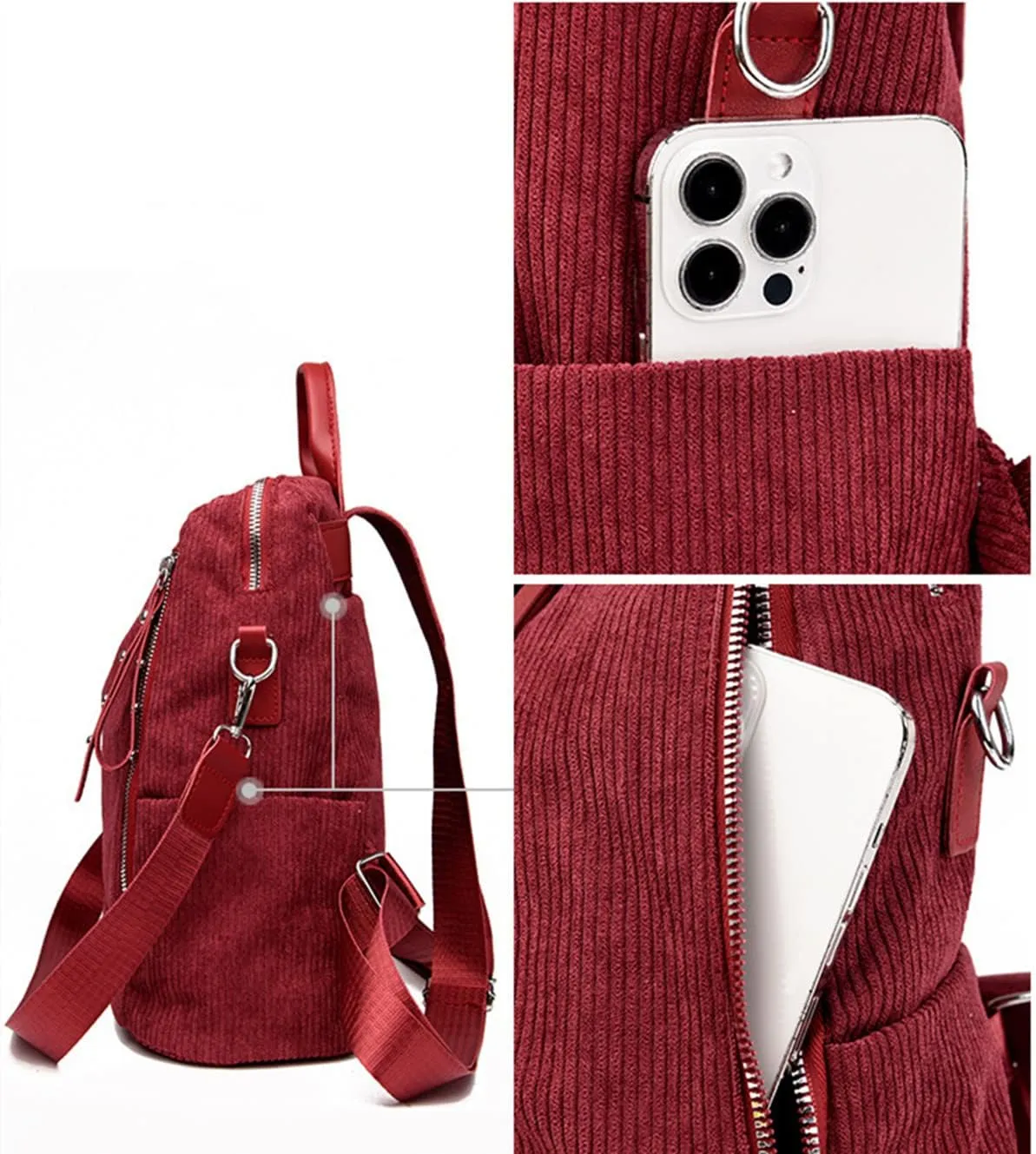 Womens Corduroy Casual Backpack Purse Convertible Travel Shoulder Bag with Wristlet Corduroy Wallet Handbag,Red