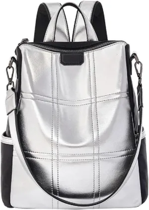 Women's Fashion Purse Backpack Multipurpose Design Handbags and Shoulder Bag PU Leather Travel Bag(Silver)