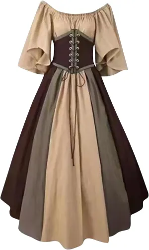 Womens Gothic Dress Vintage Off Shoulder Ruffle Sleeve Tie Up Corset Dress Renaissance Plus Size Victorian Dress