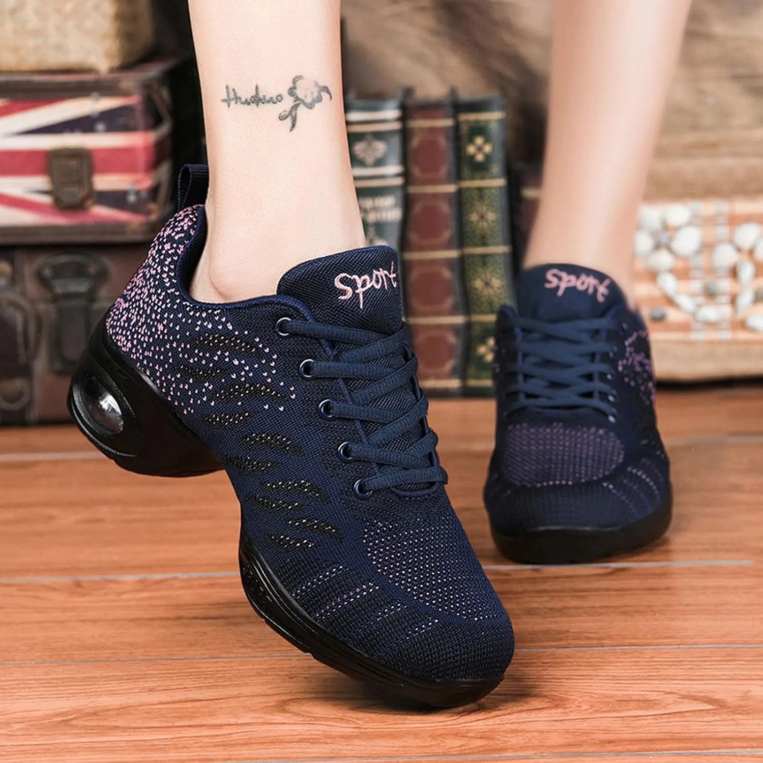 Women's Jazz Shoes Lace-up Sneakers - Breathable Air Cushion Lady Split Sole Athletic Walking Dance Shoes Platform