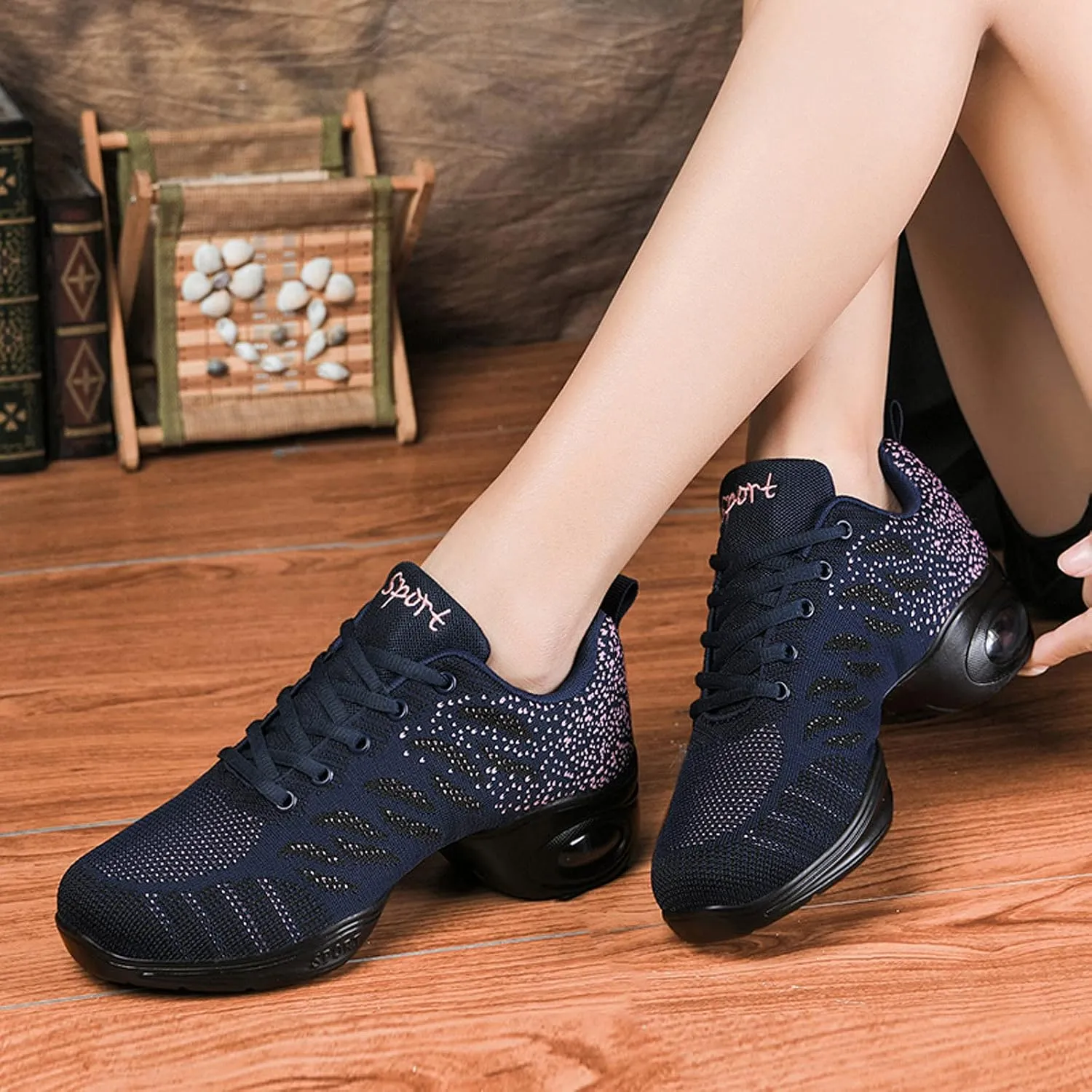 Women's Jazz Shoes Lace-up Sneakers - Breathable Air Cushion Lady Split Sole Athletic Walking Dance Shoes Platform