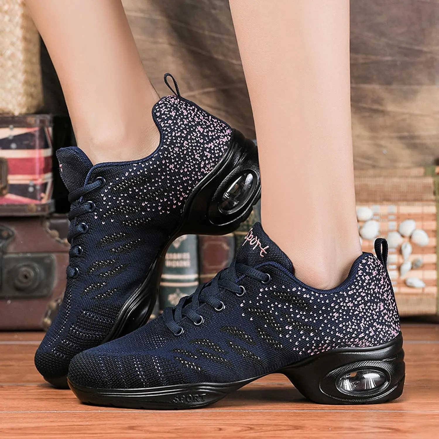 Women's Jazz Shoes Lace-up Sneakers - Breathable Air Cushion Lady Split Sole Athletic Walking Dance Shoes Platform