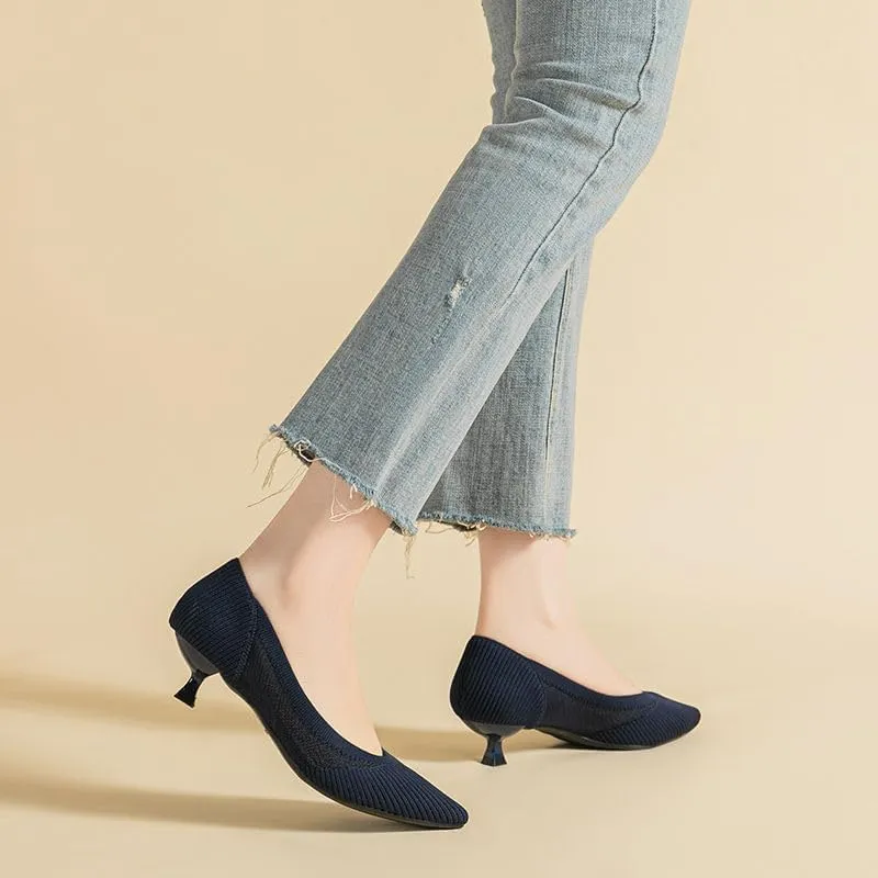 Women's Kitten Heel Pumps Pointed Toe Slip On Knitted Mesh Shoes for Casual Work Office Business Wedding Formal Dress Shoes,Model XTZ1507YS