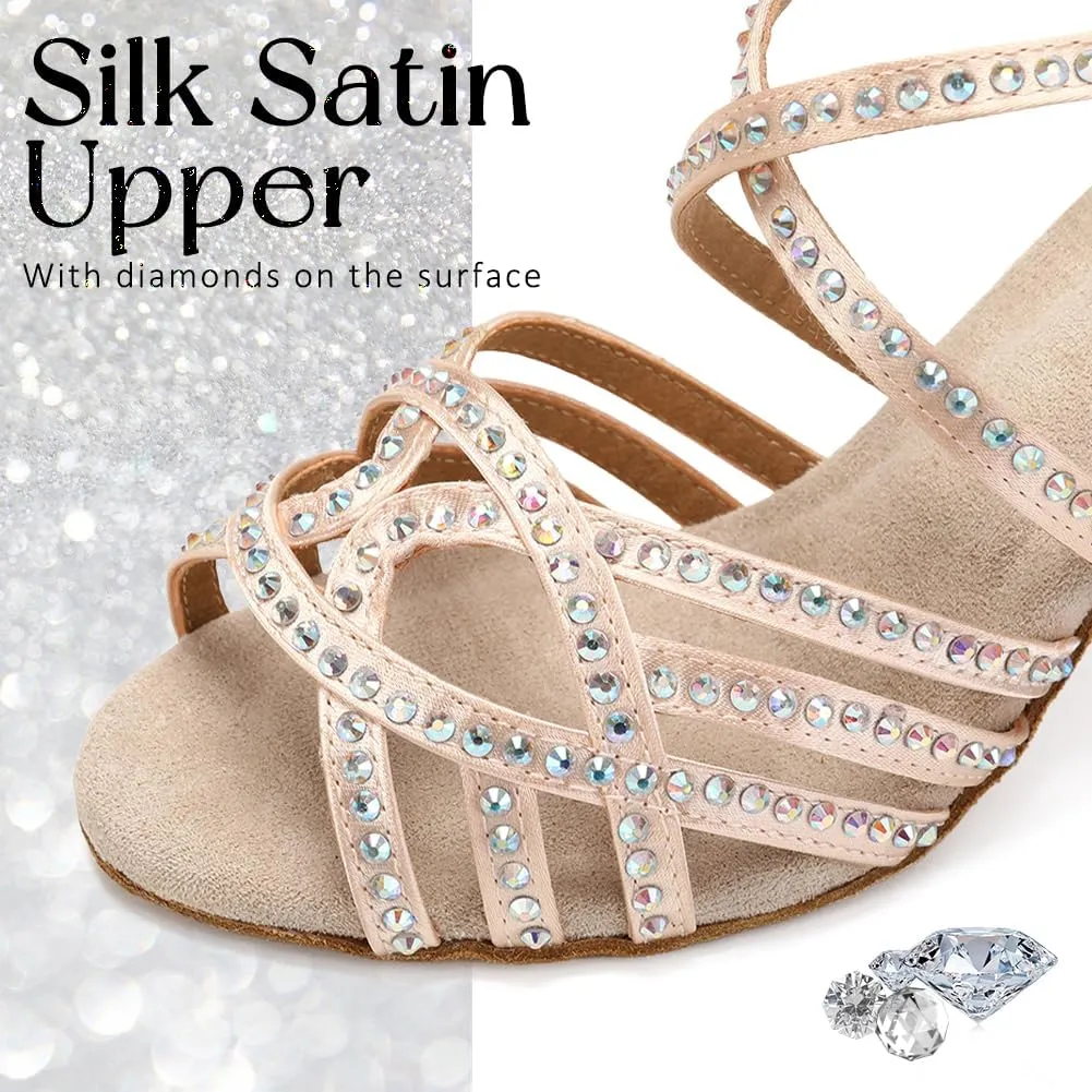Women's Latin Dance Shoes Rhinestones Professional Ballroom Salsa Dance Shoes Suede Sole