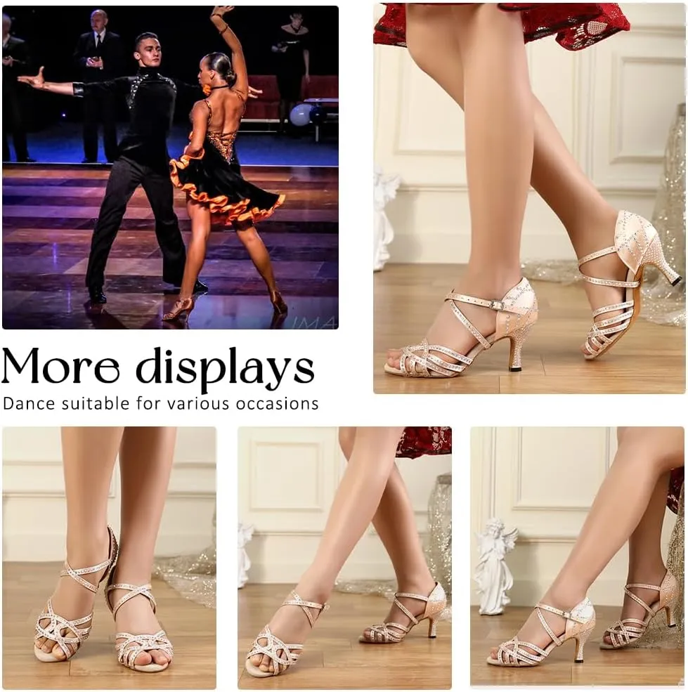 Women's Latin Dance Shoes Rhinestones Professional Ballroom Salsa Dance Shoes Suede Sole