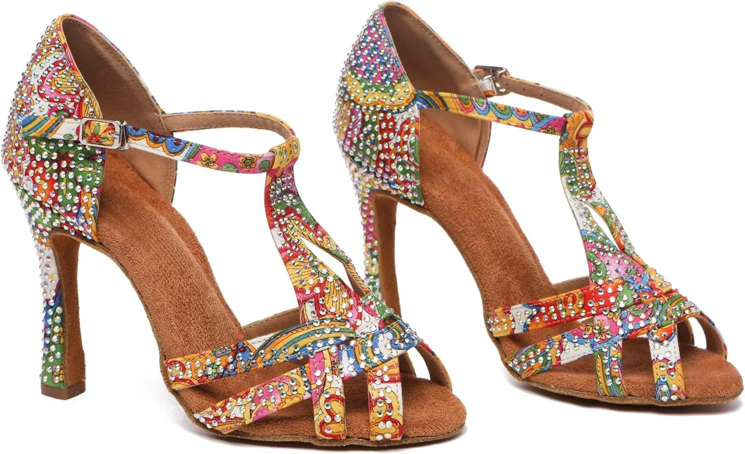 Womens Low High Heel Dance Shoes with Rhinestones Comfortable Wedding Evening Sandals