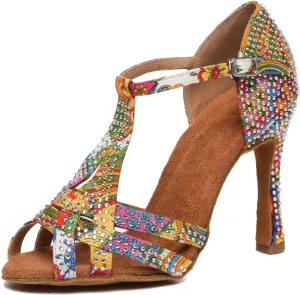 Womens Low High Heel Dance Shoes with Rhinestones Comfortable Wedding Evening Sandals